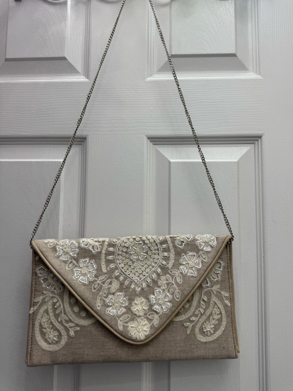 Lulus Embroidered Floral Envelope Clutch Shoulder Bag - Beige